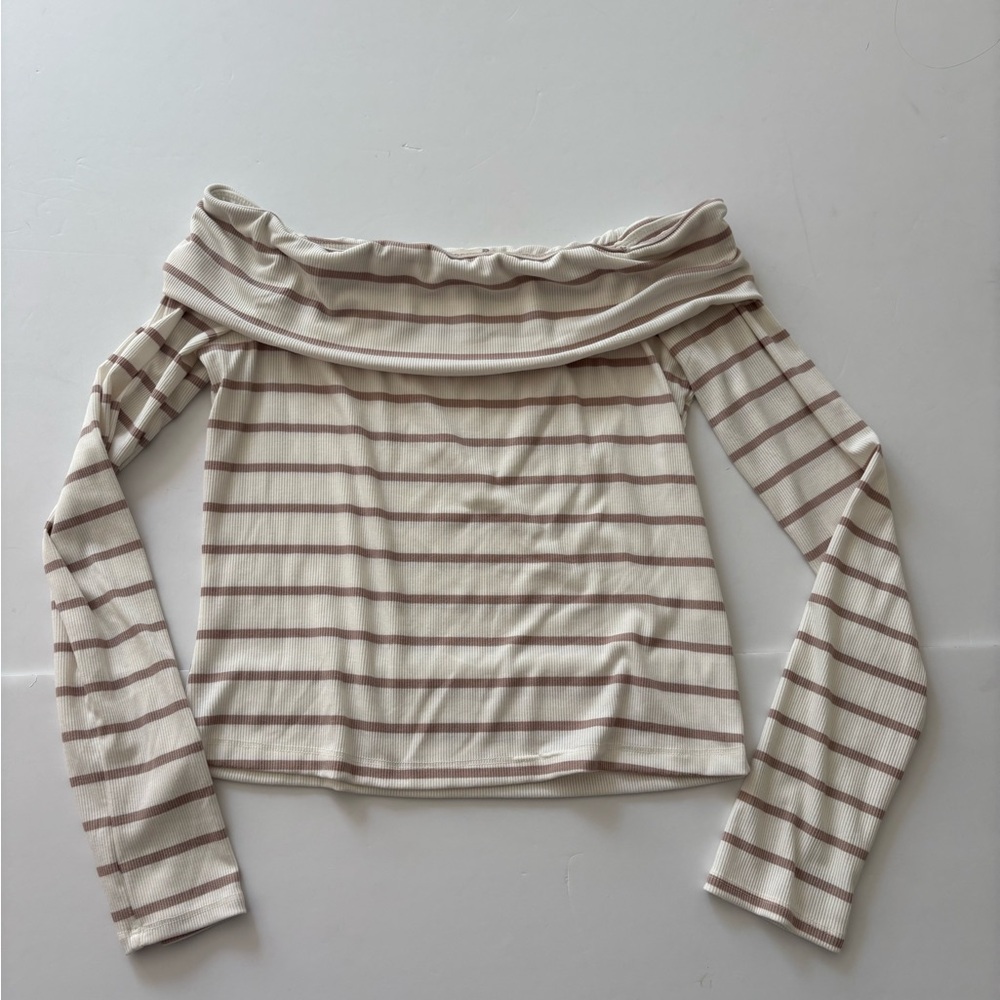 Altar'd State Cream and Brown Striped Off-Shoulder Top XL